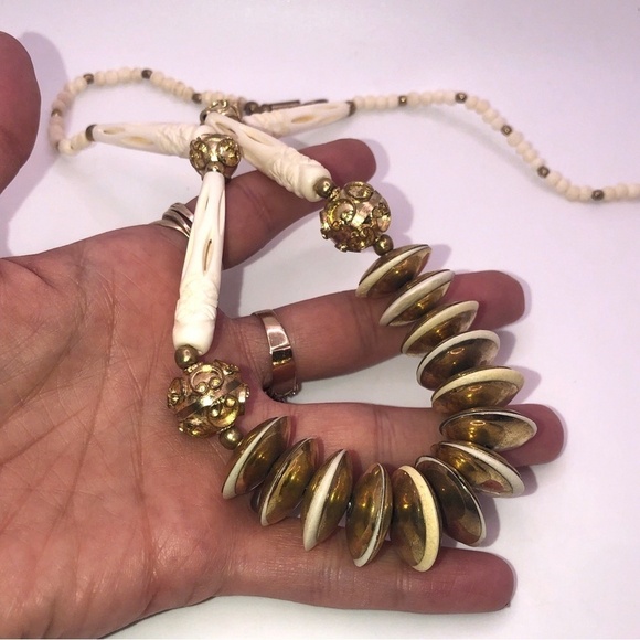 Vtg Tribal Carved Bone & Gold Tone / Brass Stone Beaded Necklace 26” - Picture 2 of 4